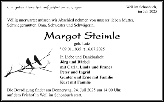 Traueranzeige von Margot Steimle von Kreiszeitung Böblinger Bote
