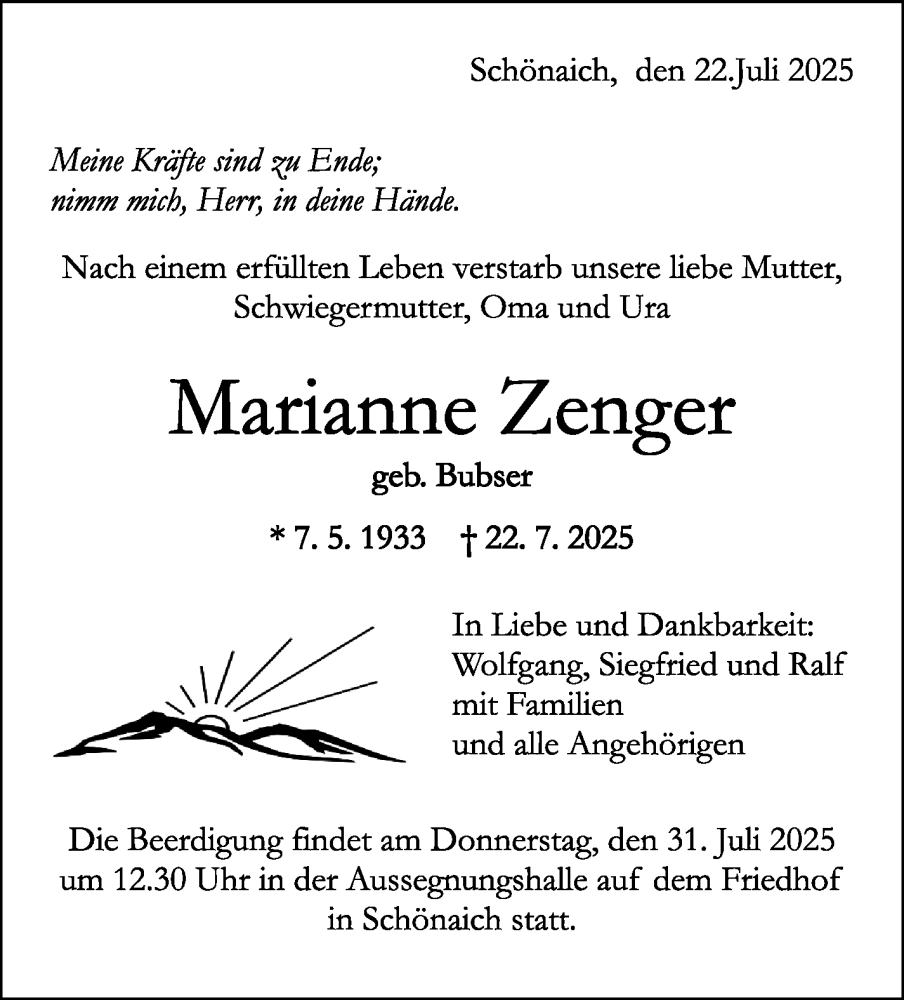  Traueranzeige für Marianne Zenger vom 26.07.2025 aus Kreiszeitung Böblinger Bote