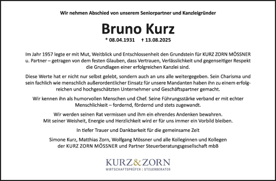Traueranzeige von Bruno Kurz von Kreiszeitung Böblinger Bote