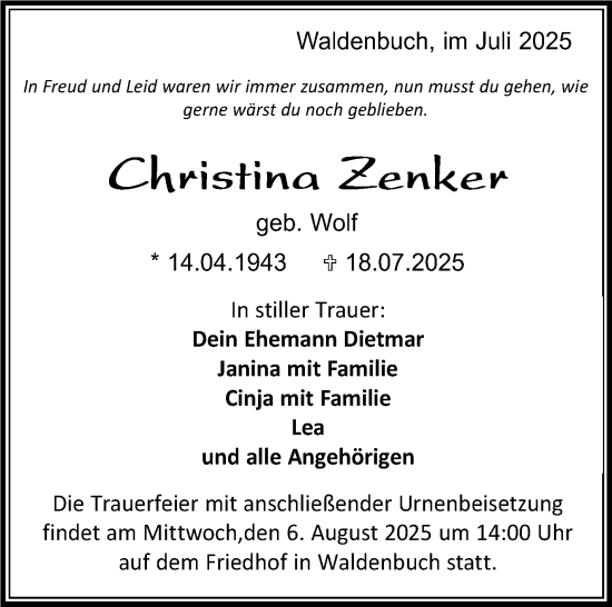 Traueranzeige von Christina Zenker von Kreiszeitung Böblinger Bote