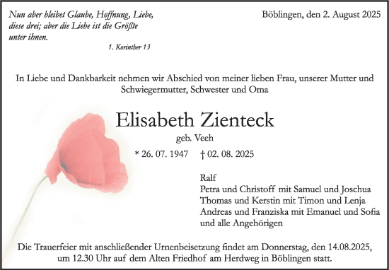 Traueranzeige von Elisabeth Zienteck von Kreiszeitung Böblinger Bote