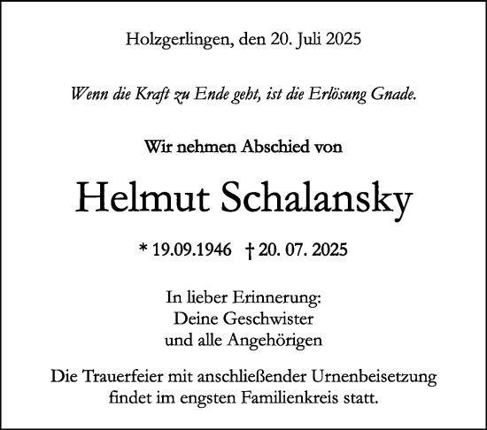 Traueranzeige von Helmut Schalansky von Kreiszeitung Böblinger Bote
