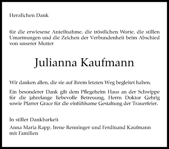 Traueranzeige von Julianna Kaufmann von Kreiszeitung Böblinger Bote