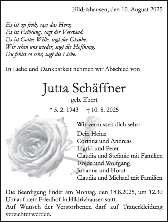 Traueranzeige von Jutta Schäffner von Kreiszeitung Böblinger Bote