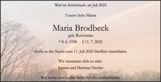Traueranzeige von Maria Brodbeck von Kreiszeitung Böblinger Bote