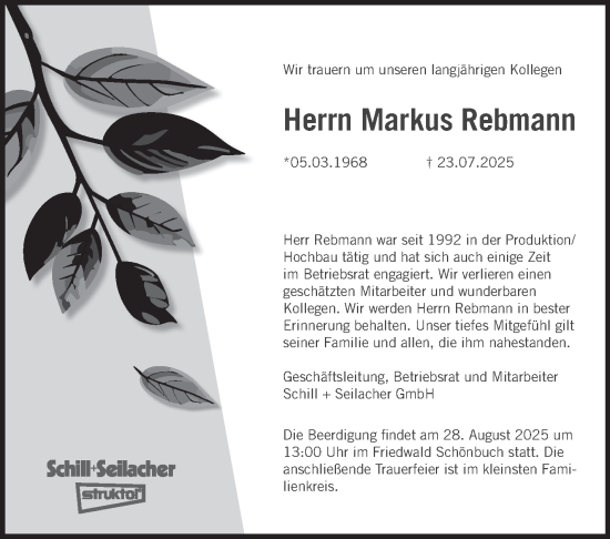 Traueranzeige von Markus Rebmann von Kreiszeitung Böblinger Bote