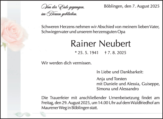 Traueranzeige von Rainer Neubert von Kreiszeitung Böblinger Bote