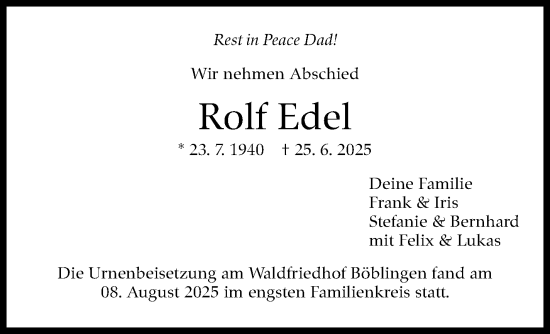 Traueranzeige von Rolf Edel von Kreiszeitung Böblinger Bote