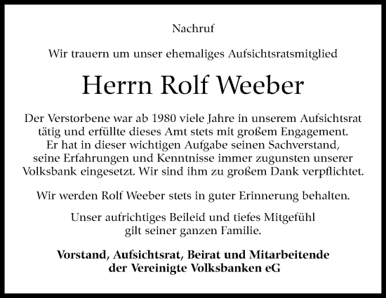 Traueranzeige von Rolf Weeber von Kreiszeitung Böblinger Bote