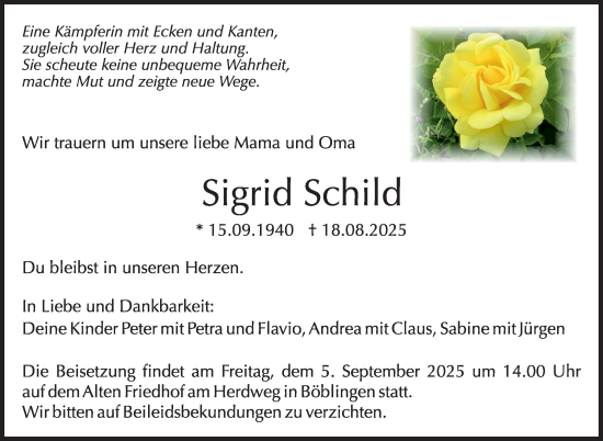 Traueranzeige von Sigrid Schild von Kreiszeitung Böblinger Bote