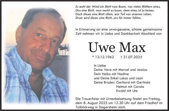 Traueranzeige von Uwe Max von Kreiszeitung Böblinger Bote