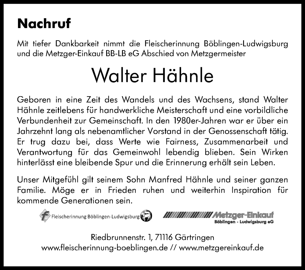  Traueranzeige für Walter Hähnle vom 27.08.2025 aus Kreiszeitung Böblinger Bote