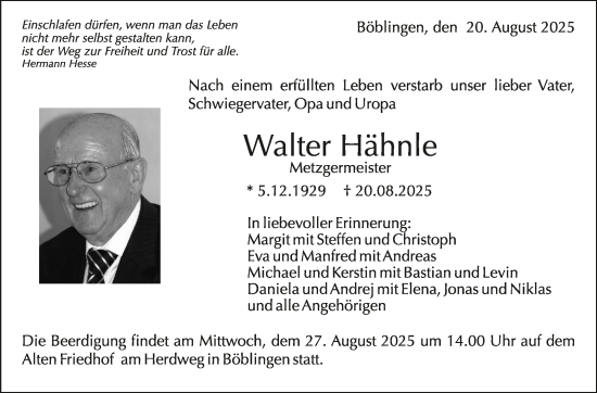 Traueranzeige von Walter Hähnle von Kreiszeitung Böblinger Bote