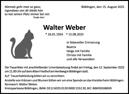 Traueranzeige von Walter Weber von Kreiszeitung Böblinger Bote