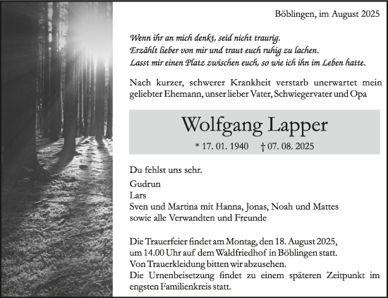 Traueranzeige von Wolfgang Lapper von Kreiszeitung Böblinger Bote