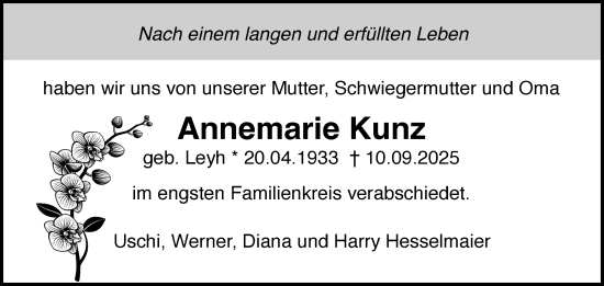 Traueranzeige von Annemarie Kunz von Kreiszeitung Böblinger Bote