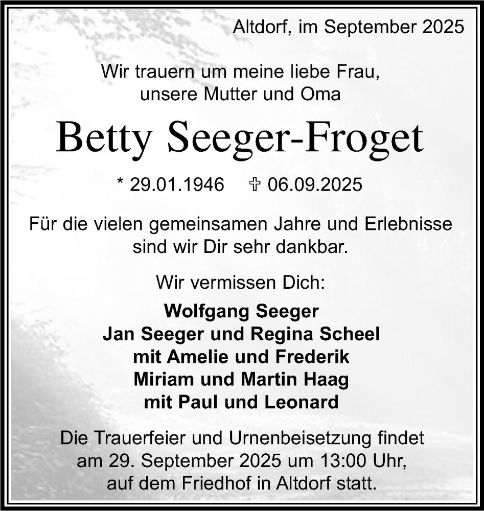  Traueranzeige für Betty Seeger-Froget vom 23.09.2025 aus Kreiszeitung Böblinger Bote
