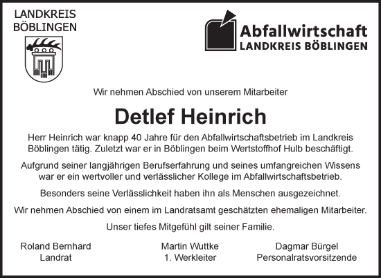 Traueranzeige von Detlef Heinrich von Kreiszeitung Böblinger Bote