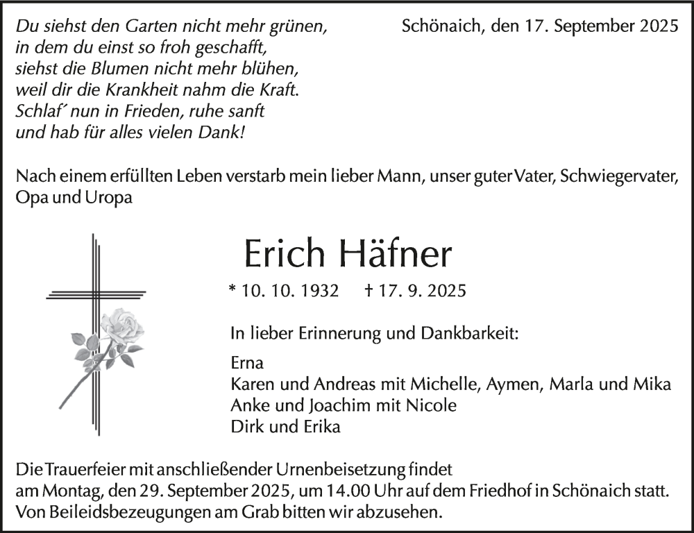  Traueranzeige für Erich Häfner vom 27.09.2025 aus Kreiszeitung Böblinger Bote
