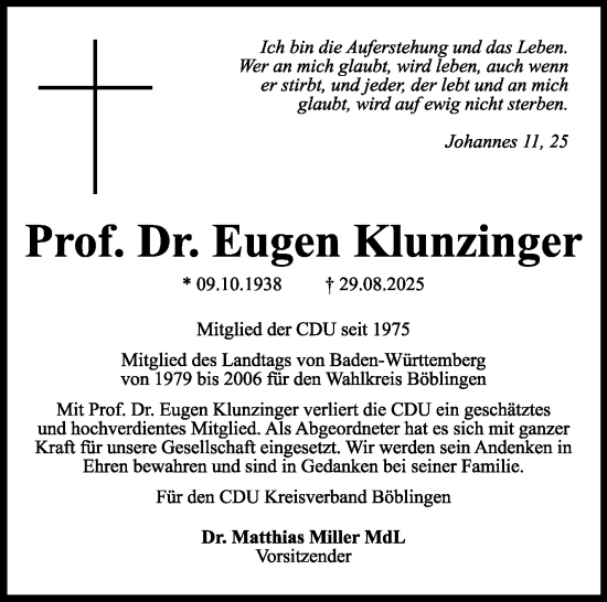 Traueranzeige von Eugen Klunzinger von Kreiszeitung Böblinger Bote