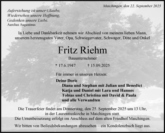 Traueranzeige von Fritz Riehm von Kreiszeitung Böblinger Bote