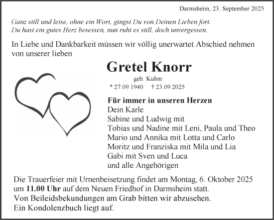 Traueranzeige von Gretel Knorr von Kreiszeitung Böblinger Bote