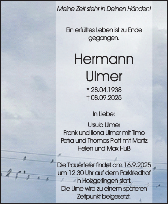 Traueranzeige von Hermann Ulmer von Kreiszeitung Böblinger Bote