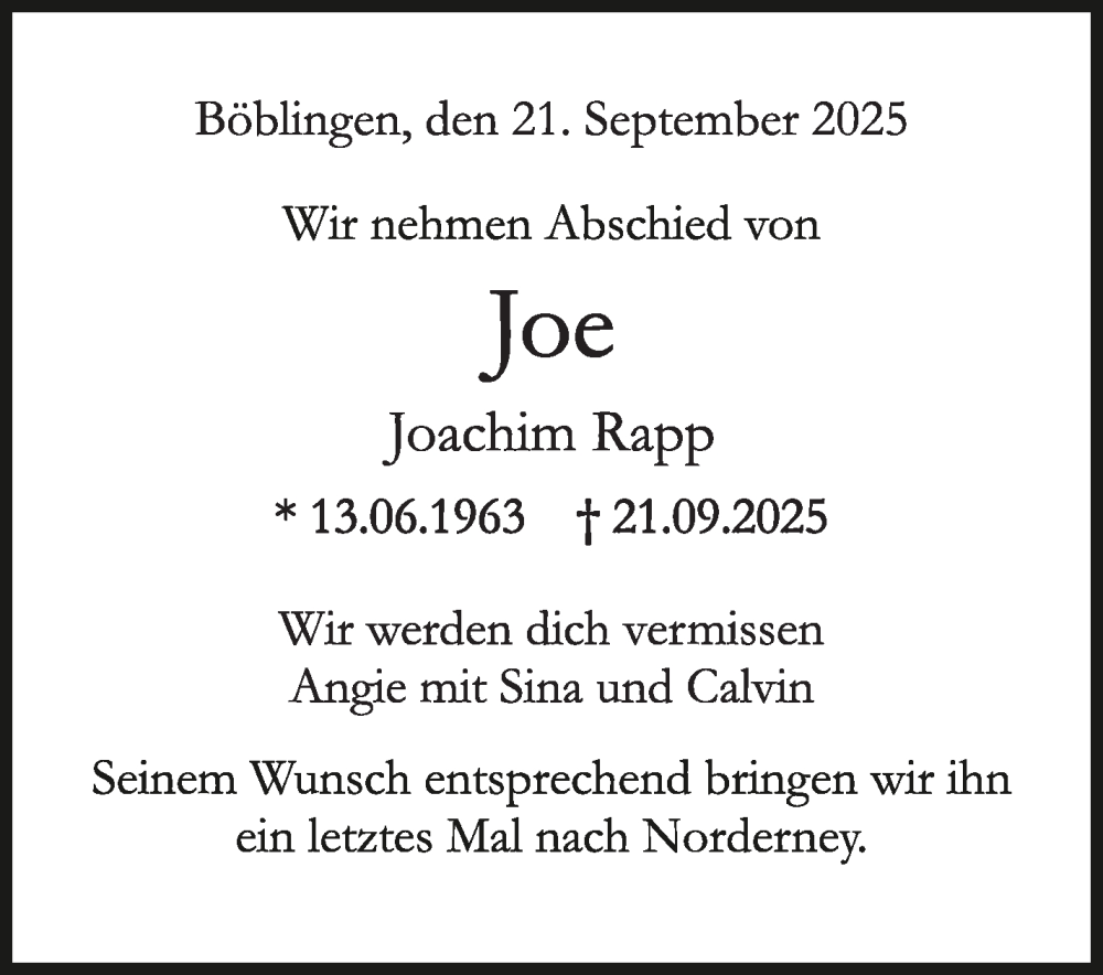  Traueranzeige für Joachim Rapp vom 25.09.2025 aus Kreiszeitung Böblinger Bote