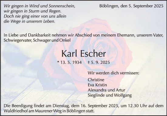 Traueranzeige von Karl Escher von Kreiszeitung Böblinger Bote