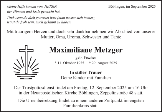 Traueranzeige von Maximiliane Metzger von Kreiszeitung Böblinger Bote