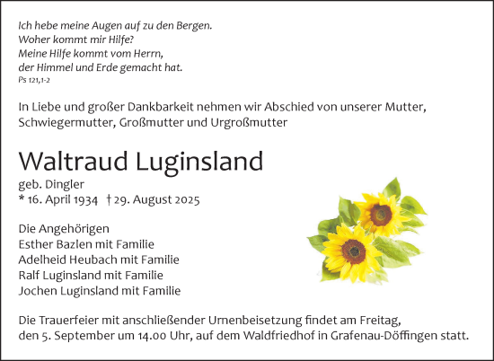 Traueranzeige von Waltraud Luginsland von Kreiszeitung Böblinger Bote