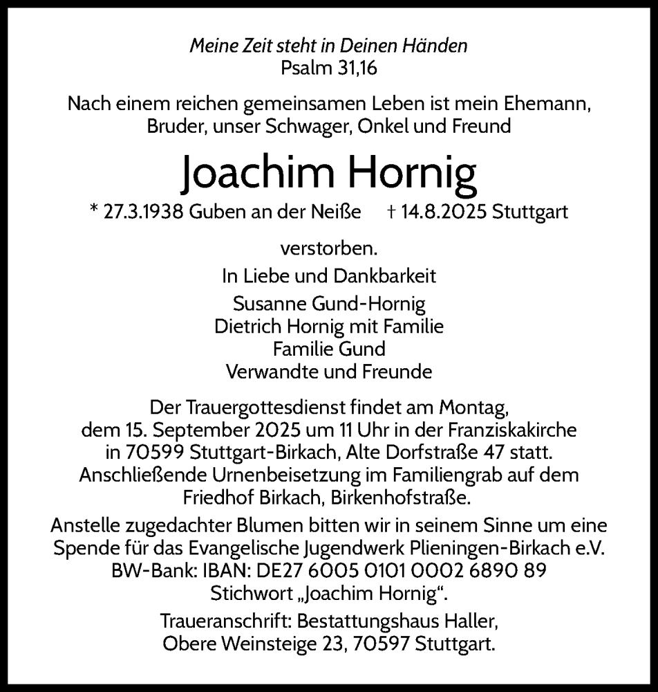  Traueranzeige für Joachim Hornig vom 08.10.2025 aus 