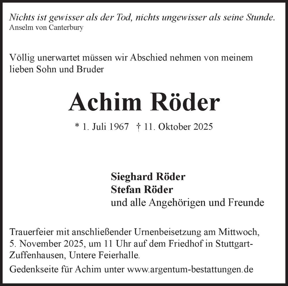  Traueranzeige für Achim Röder vom 25.10.2025 aus Stuttgarter Zeitung / Stuttgarter Nachrichten