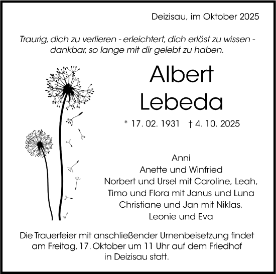 Traueranzeige von Albert Lebeda von Eßlinger Zeitung