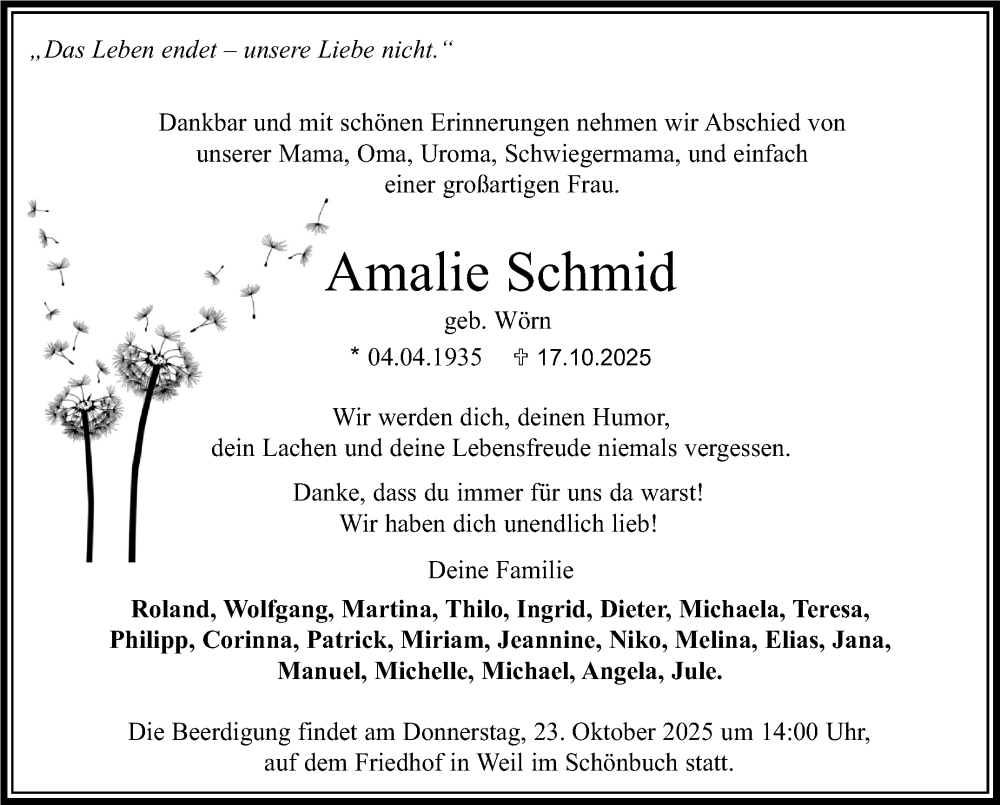  Traueranzeige für Amalie Schmid vom 22.10.2025 aus Kreiszeitung Böblinger Bote