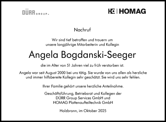 Traueranzeige von Angela Bogdanski-Seeger von Kreiszeitung Böblinger Bote
