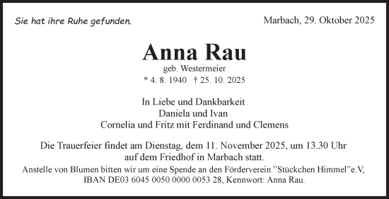 Traueranzeige von Anna Rau von Marbacher Zeitung