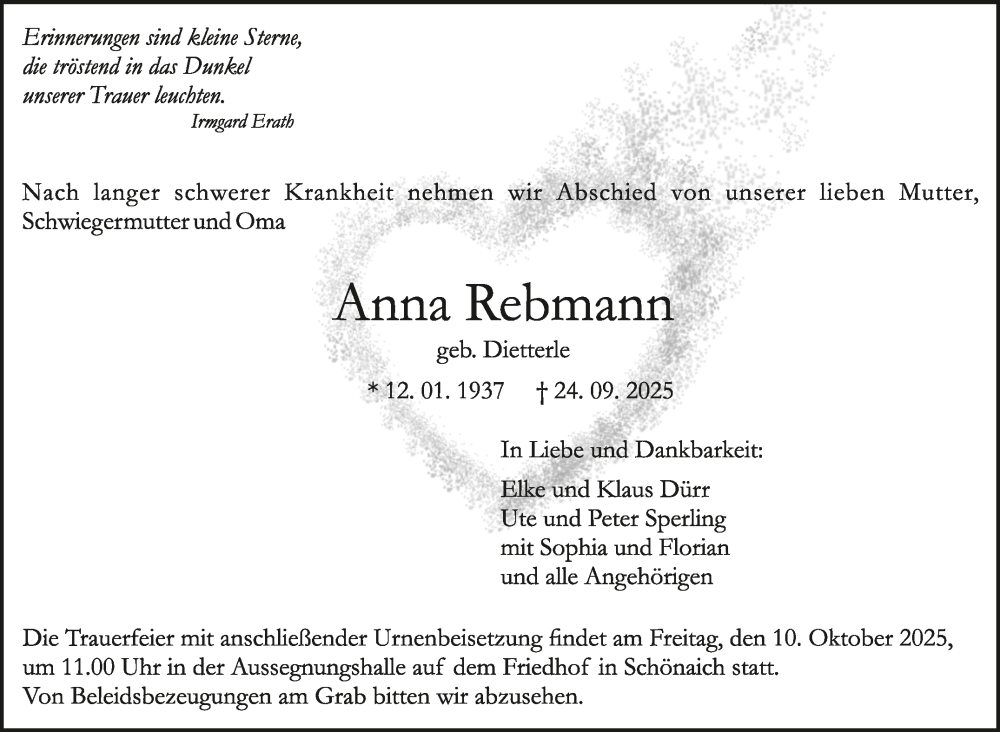  Traueranzeige für Anna Rebmann vom 02.10.2025 aus Kreiszeitung Böblinger Bote