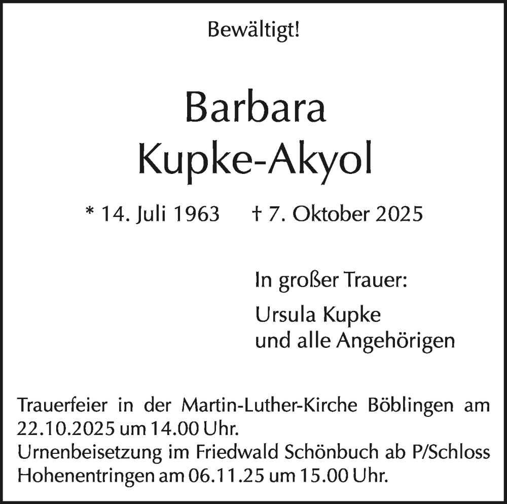  Traueranzeige für Barbara Kupke-Akyol vom 17.10.2025 aus Kreiszeitung Böblinger Bote