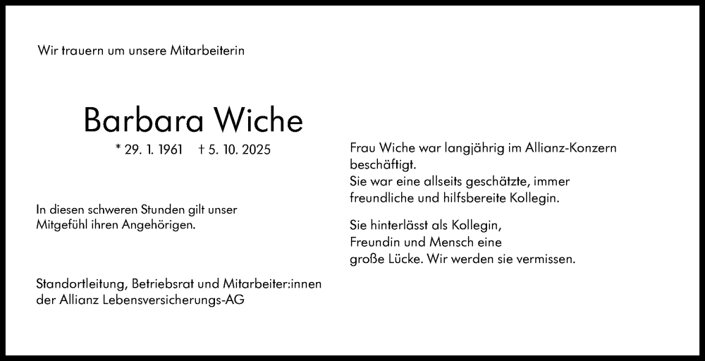  Traueranzeige für Barbara Wiche vom 15.10.2025 aus Stuttgarter Zeitung / Stuttgarter Nachrichten