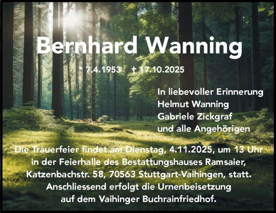 Traueranzeige von Bernhard Wanning von Stuttgarter Zeitung / Stuttgarter Nachrichten