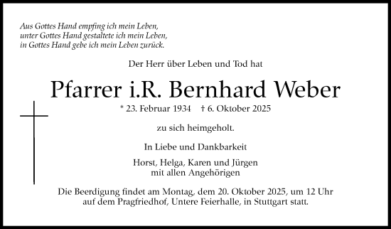 Traueranzeige von Bernhard Weber von Stuttgarter Zeitung / Stuttgarter Nachrichten