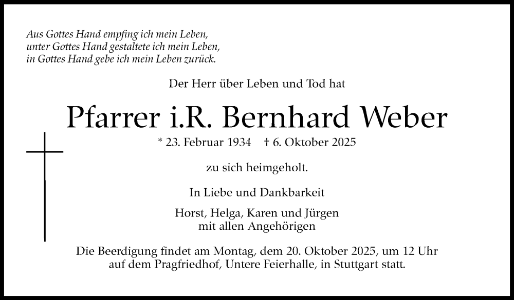  Traueranzeige für Bernhard Weber vom 18.10.2025 aus Stuttgarter Zeitung / Stuttgarter Nachrichten