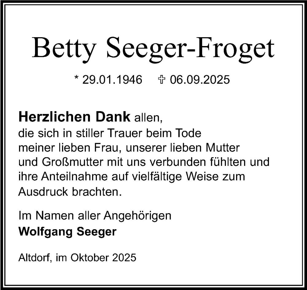  Traueranzeige für Betty Seeger-Froget vom 27.10.2025 aus Kreiszeitung Böblinger Bote