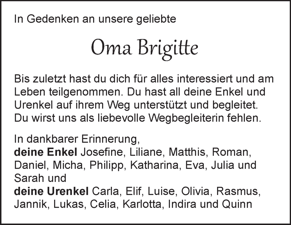  Traueranzeige für Brigitte  vom 09.10.2025 aus Leonberger Kreiszeitung / Strohgäu Extra