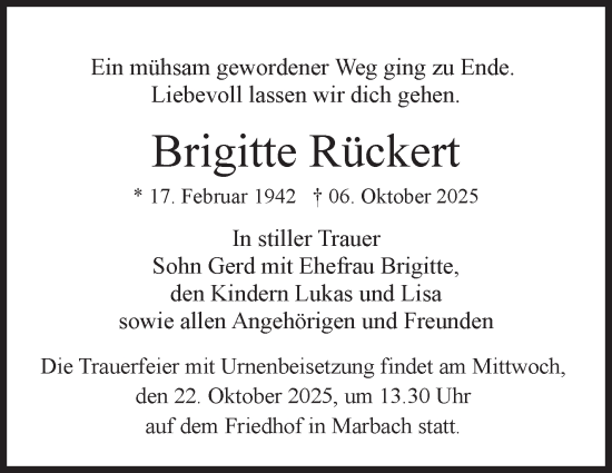 Traueranzeige von Brigitte Rückert von Marbacher Zeitung