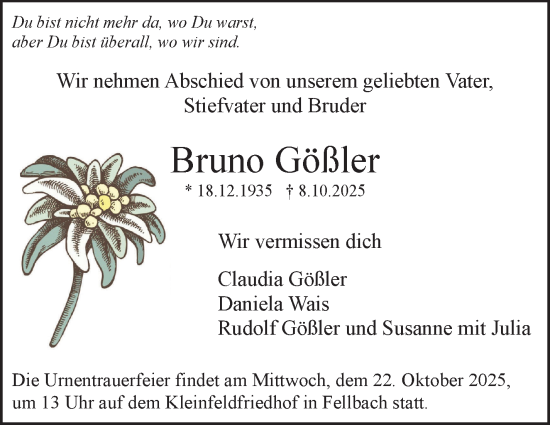 Traueranzeige von Bruno Gößler von Stuttgarter Zeitung / Stuttgarter Nachrichten