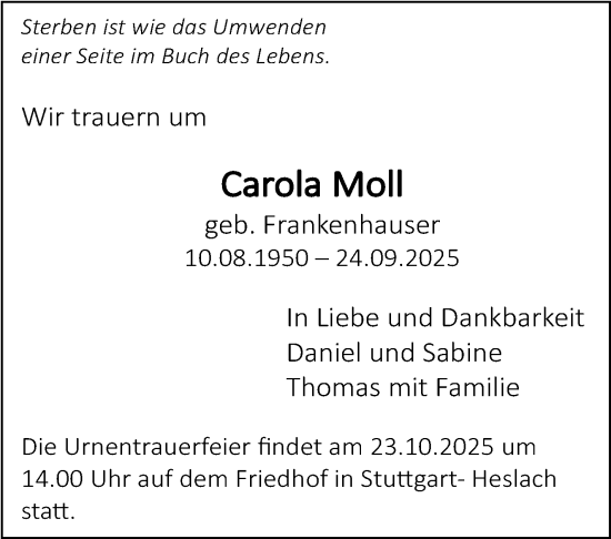 Traueranzeige von Carola Moll von Stuttgarter Zeitung / Stuttgarter Nachrichten