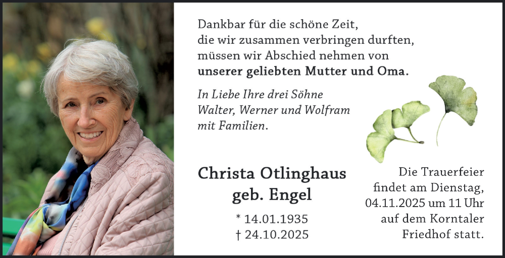  Traueranzeige für Christa Otlinghaus vom 31.10.2025 aus Stuttgarter Zeitung / Stuttgarter Nachrichten