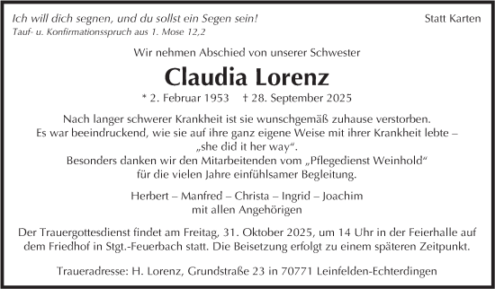 Traueranzeige von Claudia Lorenz von Stuttgarter Zeitung / Stuttgarter Nachrichten
